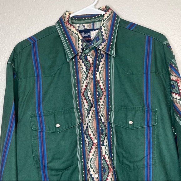 Vintage Wrangler Southwestern Aztec Green Pearl Snap Shirt L Cowboy Bushpopper - Picture 2 of 14